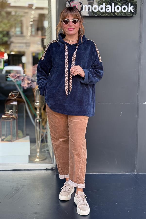 Leopar Şeritli Kapüşonlu Kadife Sweet Lacivert Renk