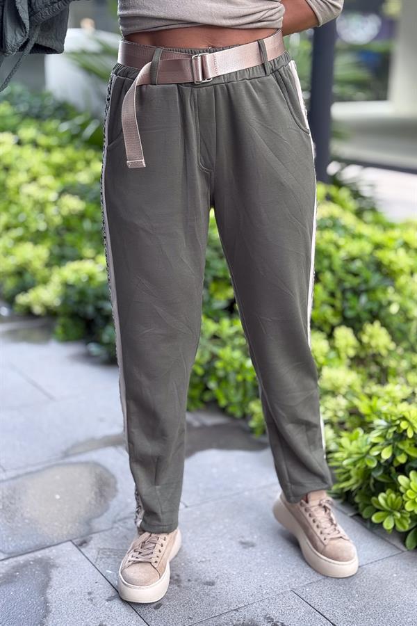 Leopar Şeritli Modal Kumaş Havuç Paça Eşorfman Haki Renk