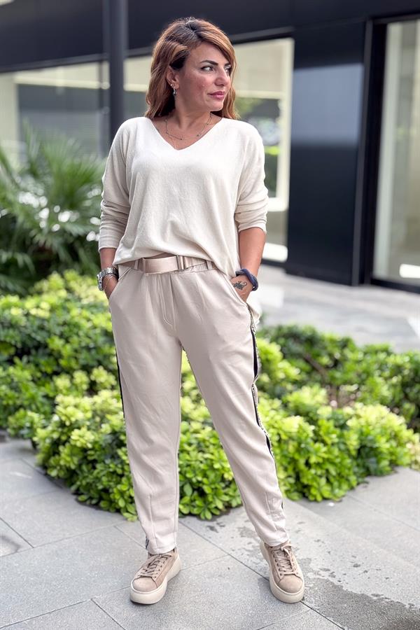 Leopar Şeritli Modal Kumaş Havuç Paça Eşorfman Bej Renk