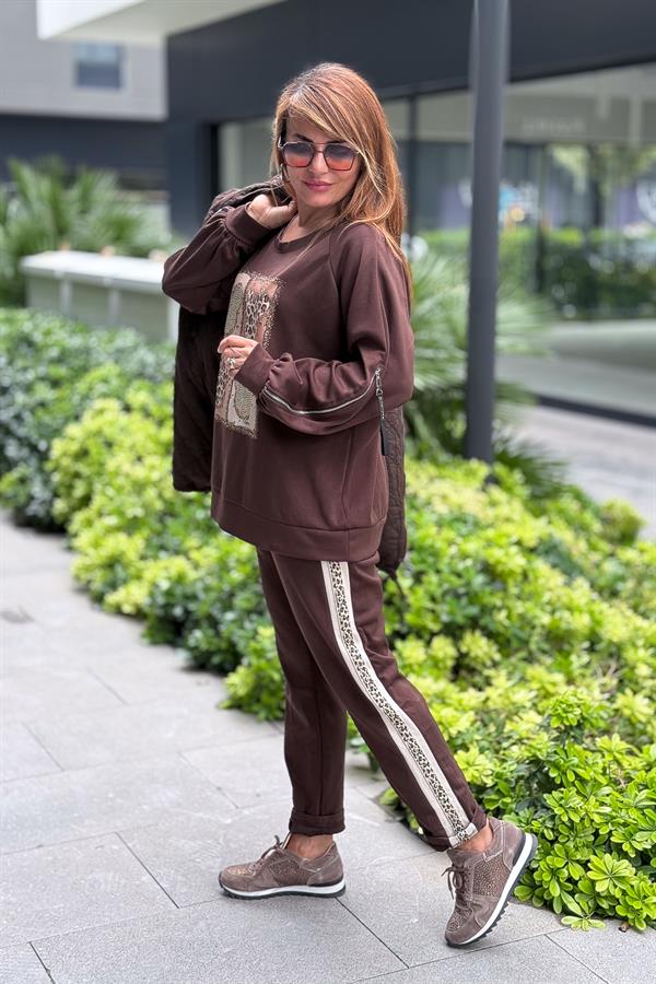 Leopar Şeritli Modal Kumaş Havuç Paça Eşorfman Acı Kahve Renk