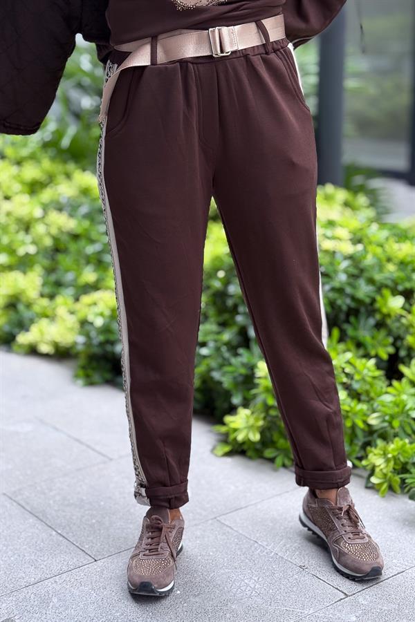 Leopar Şeritli Modal Kumaş Havuç Paça Eşorfman Acı Kahve Renk