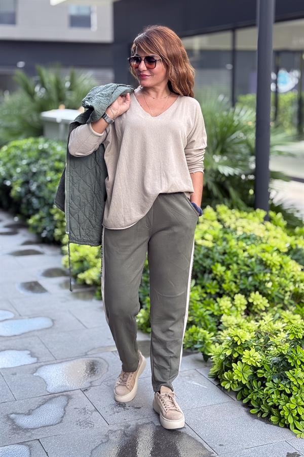 Leopar Şeritli Modal Kumaş Havuç Paça Eşorfman Haki Renk