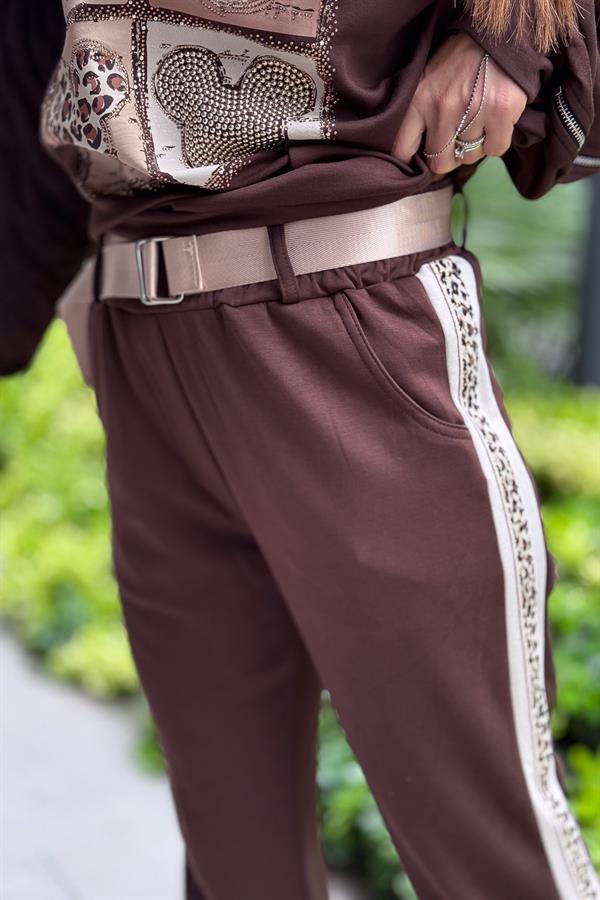 Leopar Şeritli Modal Kumaş Havuç Paça Eşorfman Acı Kahve Renk