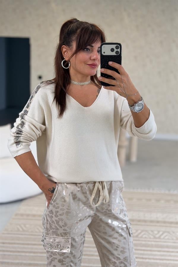Leopar Taş Şeritli V Yaka Triko Bej Renk