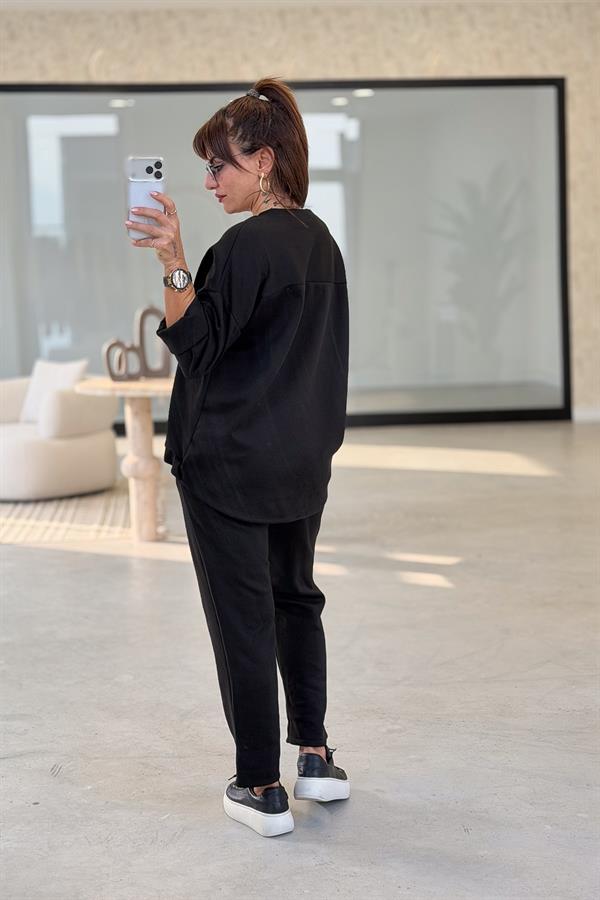 Leopar Ve Taş Yazı Detay Modal Kumaş Eşorfman Takım Siyah Renk