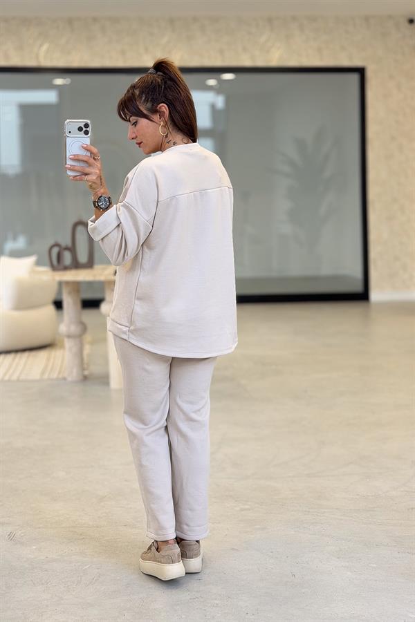 Leopar Ve Taş Yazı Detay Modal Kumaş Eşorfman Takım Bej Renk