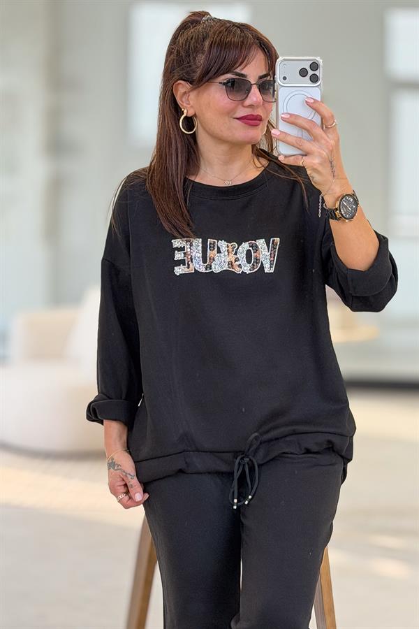 Leopar Ve Taş Yazı Detay Modal Kumaş Eşorfman Takım Siyah Renk