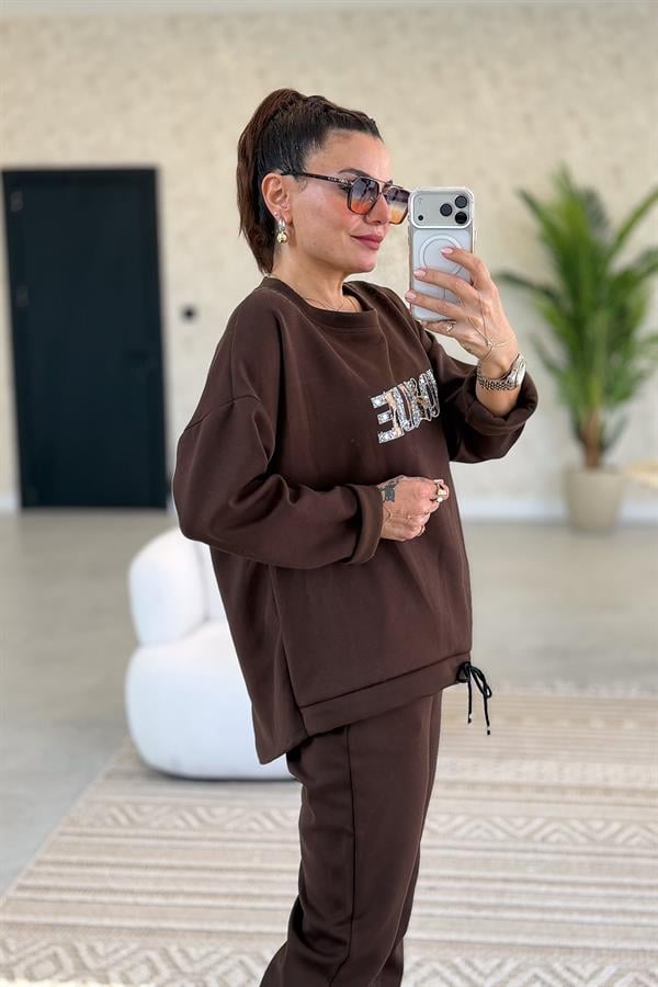 Leopar Ve Taş Yazı Detay Modal Kumaş Eşorfman Takım Acı Kahve Renk