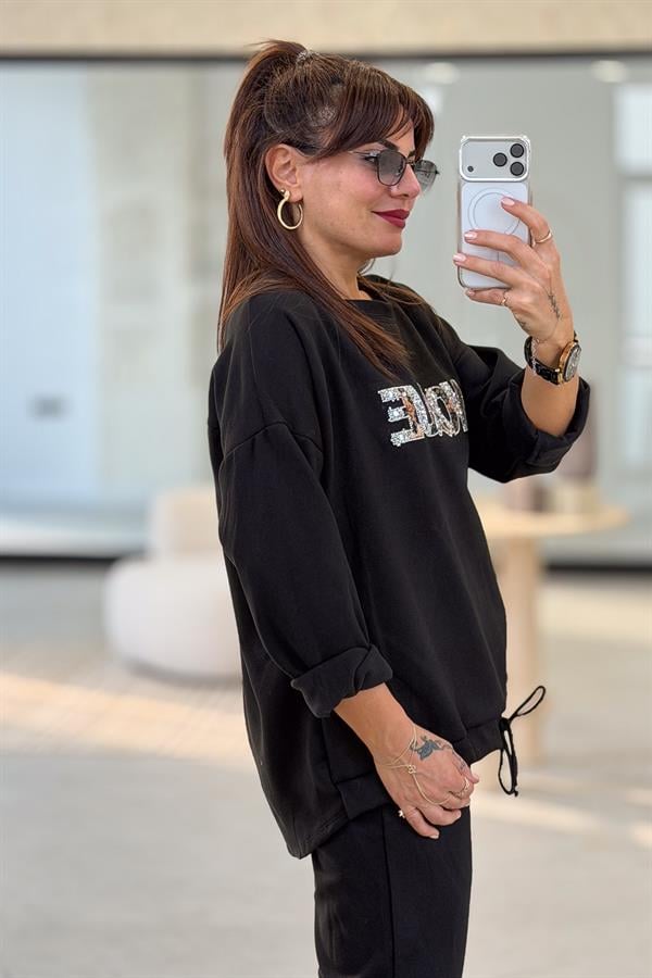 Leopar Ve Taş Yazı Detay Modal Kumaş Eşorfman Takım Siyah Renk