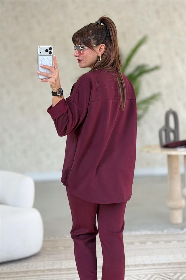 Leopar Ve Taş Yazı Detay Modal Kumaş Eşorfman Takım Bordo Renk