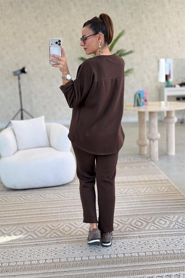 Leopar Ve Taş Yazı Detay Modal Kumaş Eşorfman Takım Acı Kahve Renk