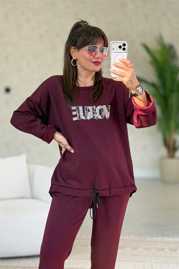 Leopar Ve Taş Yazı Detay Modal Kumaş Eşorfman Takım Bordo Renk