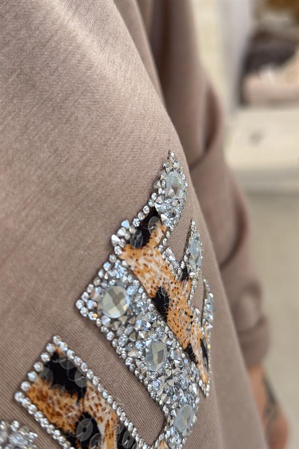 Leopar Ve Taş Yazı Detay Modal Kumaş Eşorfman Takım Camel Renk