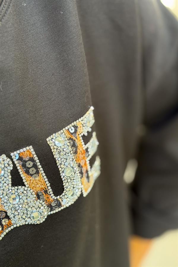 Leopar Ve Taş Yazı Detay Modal Kumaş Eşorfman Takım Siyah Renk