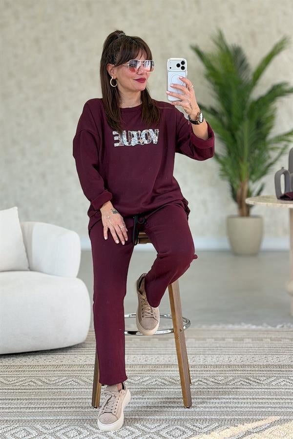 Leopar Ve Taş Yazı Detay Modal Kumaş Eşorfman Takım Bordo Renk