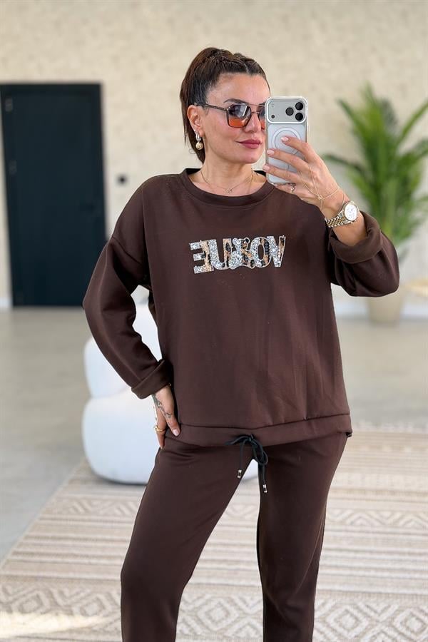 Leopar Ve Taş Yazı Detay Modal Kumaş Eşorfman Takım Acı Kahve Renk