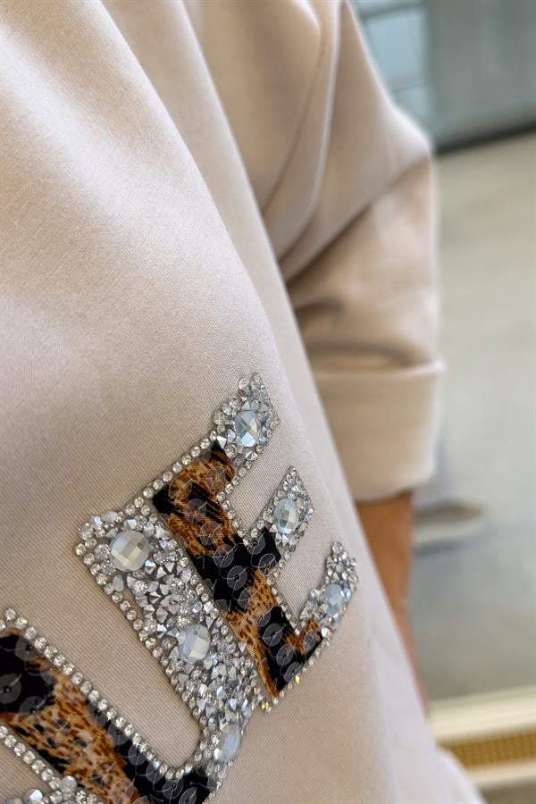 Leopar Ve Taş Yazı Detay Modal Kumaş Eşorfman Takım Bej Renk