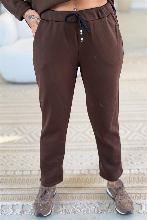 Leopar Ve Taş Yazı Detay Modal Kumaş Eşorfman Takım Acı Kahve Renk