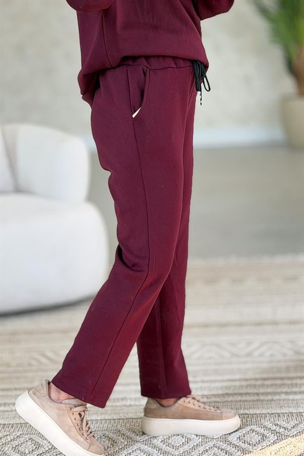 Leopar Ve Taş Yazı Detay Modal Kumaş Eşorfman Takım Bordo Renk