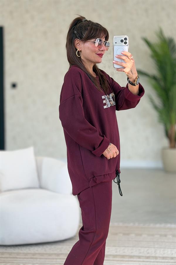 Leopar Ve Taş Yazı Detay Modal Kumaş Eşorfman Takım Bordo Renk