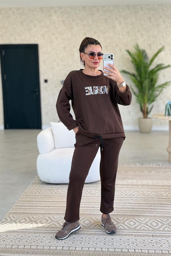 Leopar Ve Taş Yazı Detay Modal Kumaş Eşorfman Takım Acı Kahve Renk