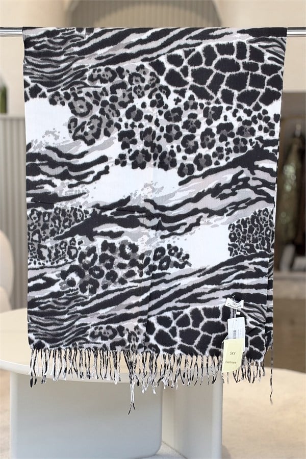 Leopar Ve Zebra Desenli Kaşmir Şal Beyaz Renk