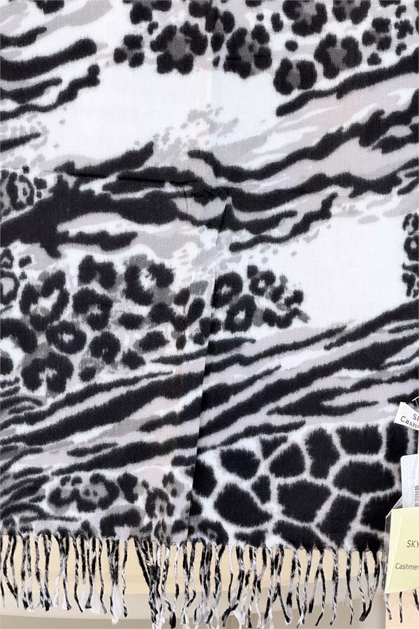 Leopar Ve Zebra Desenli Kaşmir Şal Beyaz Renk