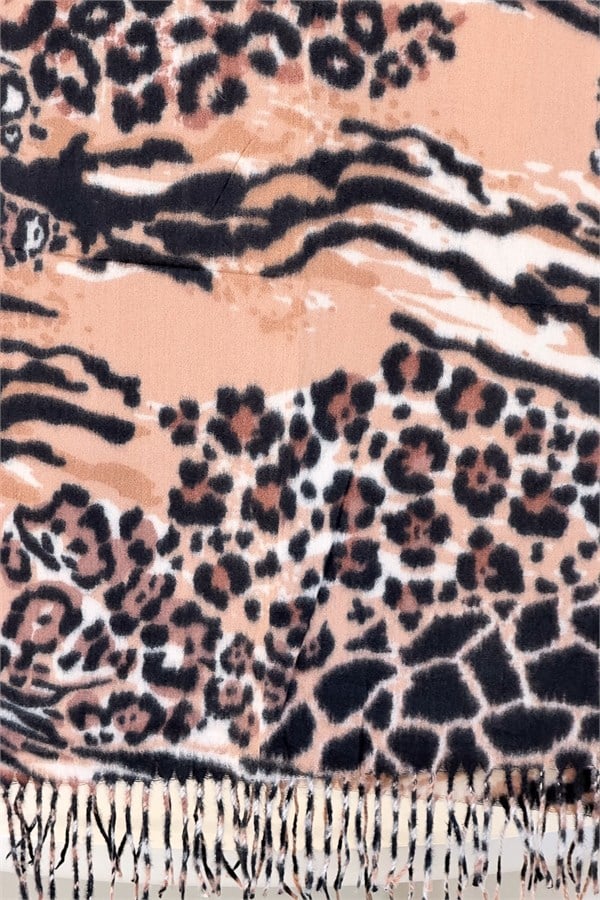Leopar Ve Zebra Desenli Kaşmir Şal Camel Renk