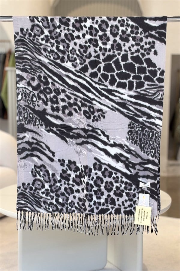 Leopar Ve Zebra Desenli Kaşmir Şal Gri Renk