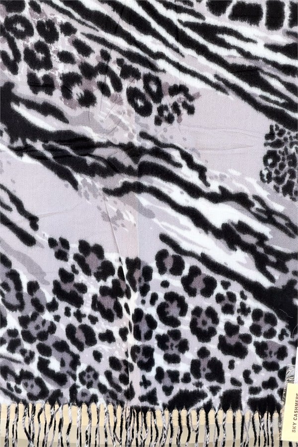 Leopar Ve Zebra Desenli Kaşmir Şal Gri Renk
