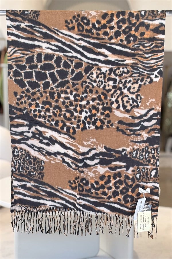 Leopar Ve Zebra Desenli Kaşmir Şal Kahverengi Renk