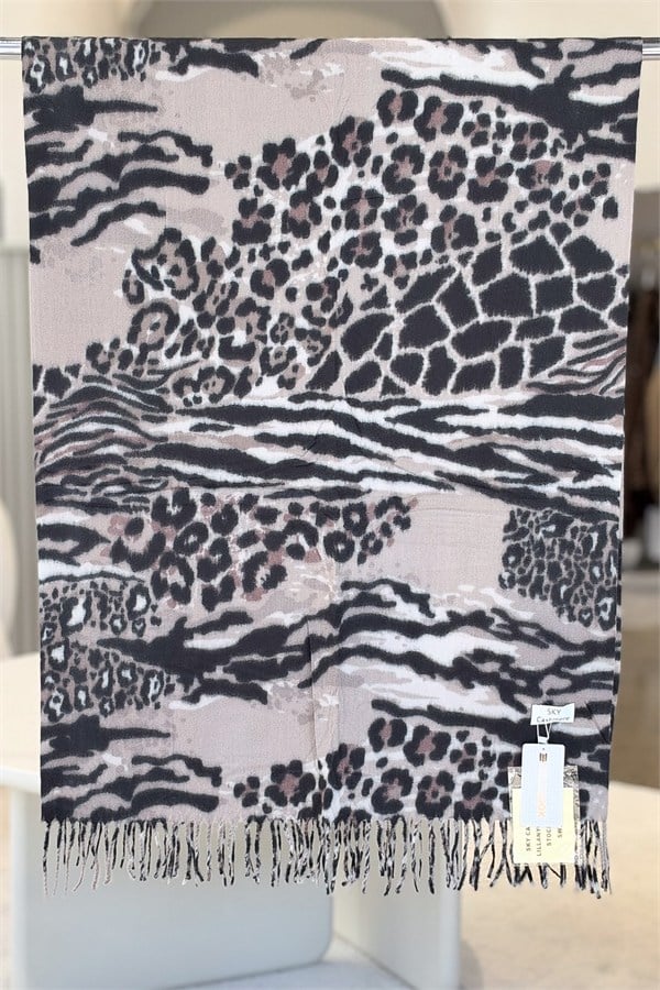 Leopar Ve Zebra Desenli Kaşmir Şal Vizon Renk