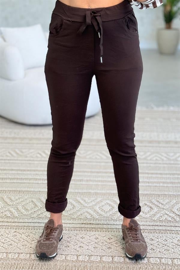 Likralı Düz Basic Pantolon Acı Kahve Renk