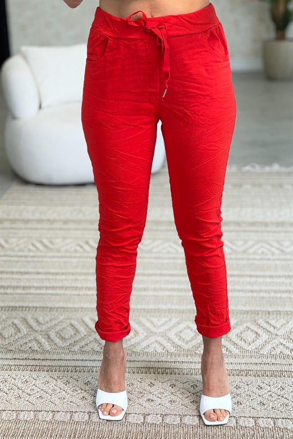 Likralı Düz Basic Pantolon Kırmızı Renk