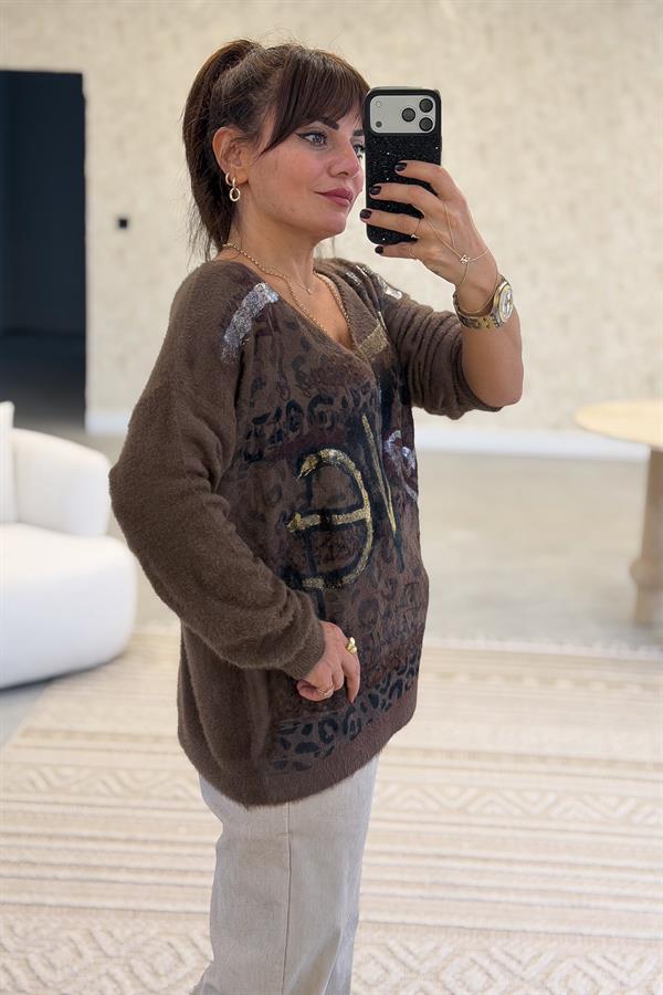 Love Varak Yazılı Angora Kazak Acı Kahve Renk