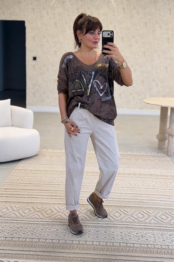 Love Varak Yazılı Angora Kazak Acı Kahve Renk