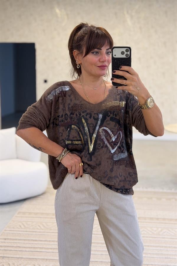 Love Varak Yazılı Angora Kazak Acı Kahve Renk