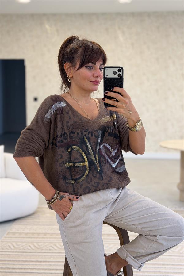 Love Varak Yazılı Angora Kazak Acı Kahve Renk