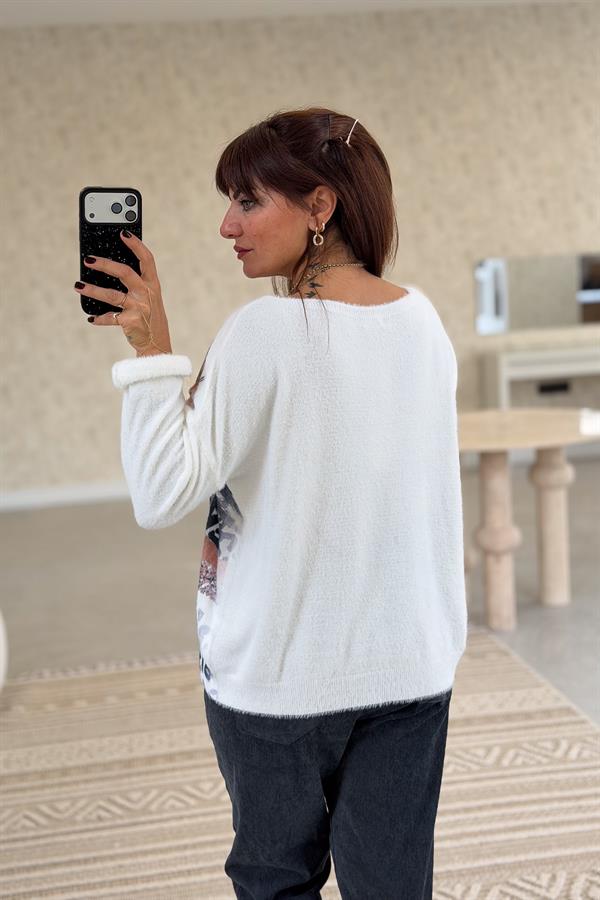 Love Varak Yazılı Angora Kazak Beyaz Renk