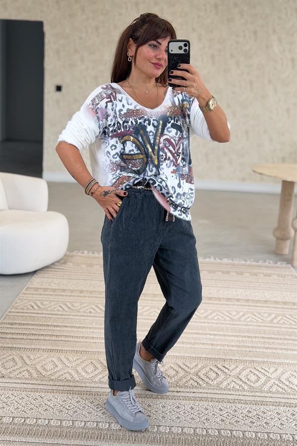 Love Varak Yazılı Angora Kazak Beyaz Renk