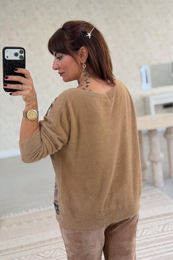 Love Varak Yazılı Angora Kazak Camel Renk