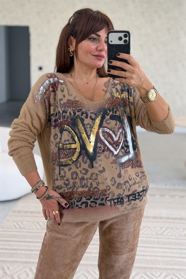 Love Varak Yazılı Angora Kazak Camel Renk