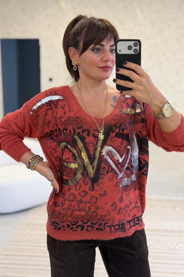 Love Varak Yazılı Angora Kazak Kiremit Renk