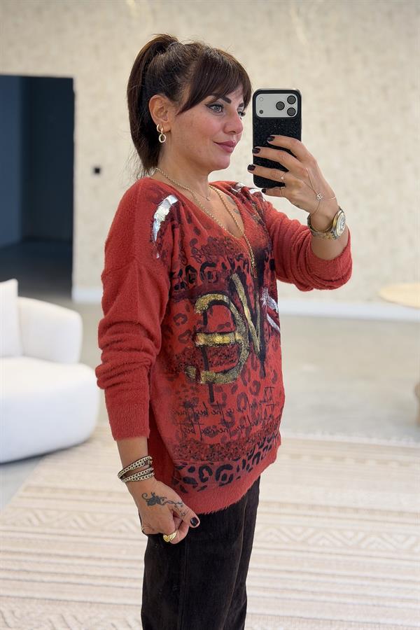 Love Varak Yazılı Angora Kazak Kiremit Renk