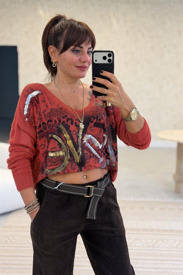 Love Varak Yazılı Angora Kazak Kiremit Renk