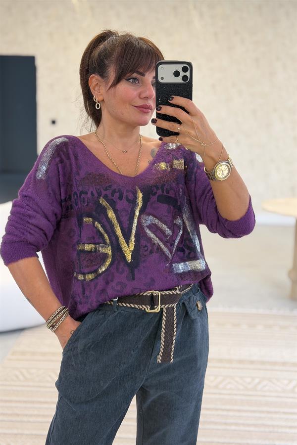 Love Varak Yazılı Angora Kazak Mor Renk