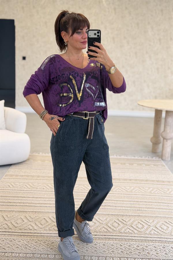 Love Varak Yazılı Angora Kazak Mor Renk