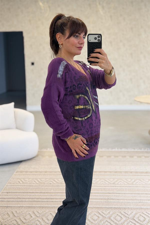 Love Varak Yazılı Angora Kazak Mor Renk