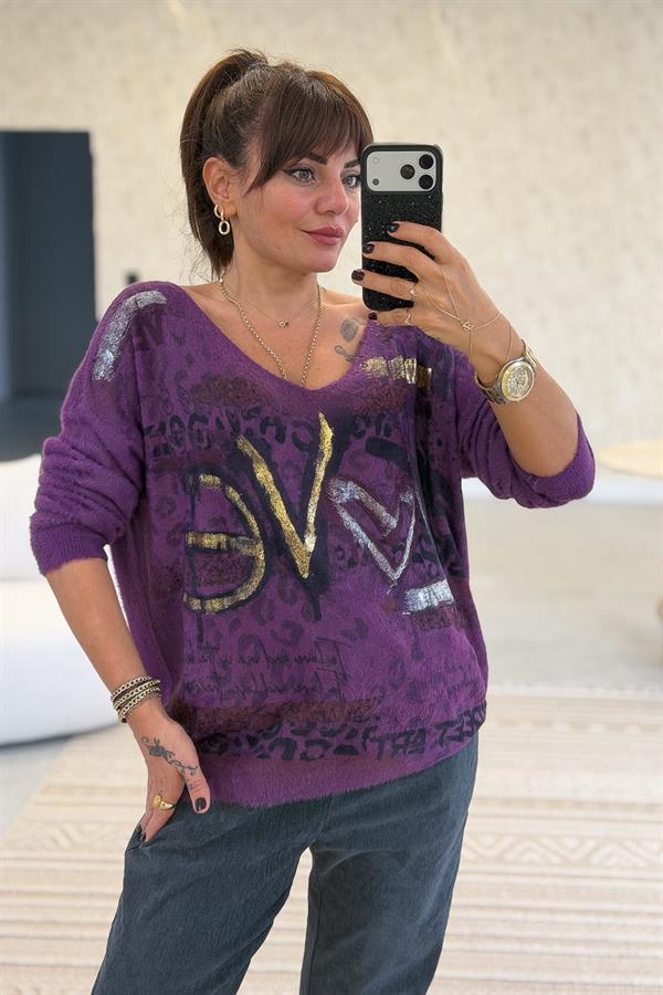 Love Varak Yazılı Angora Kazak Mor Renk