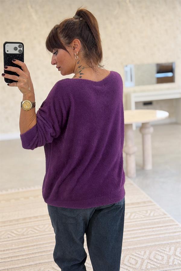 Love Varak Yazılı Angora Kazak Mor Renk